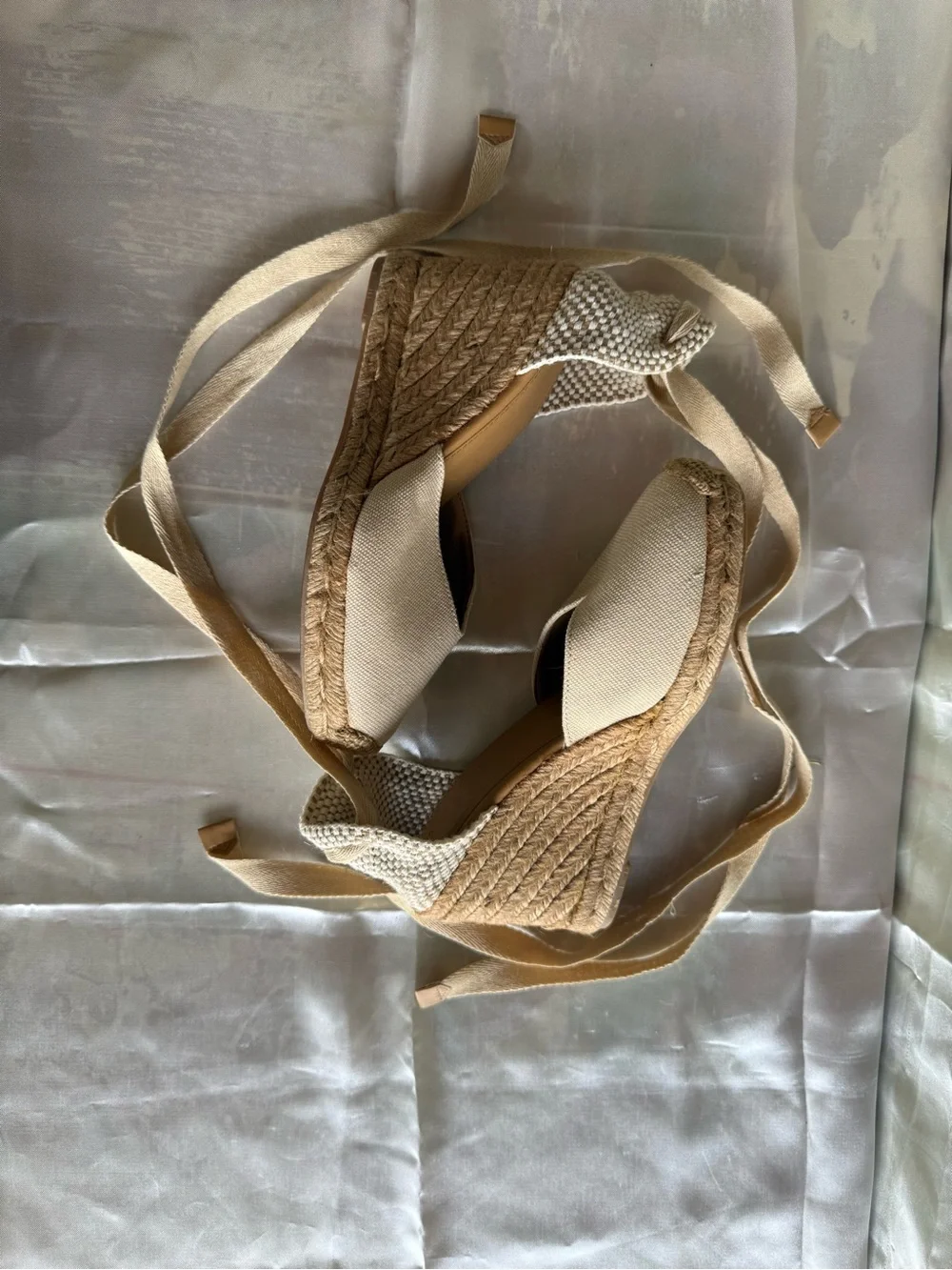 Mango Beige Canvas Espadrille Wedge Sandals with Ankle Wrap